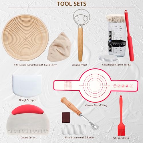 Complete Sourdough Starter Kit, Banneton Bread Proofing Basket with Glass Sourdough Starter Jar, Sourdough Bread Baking Su...