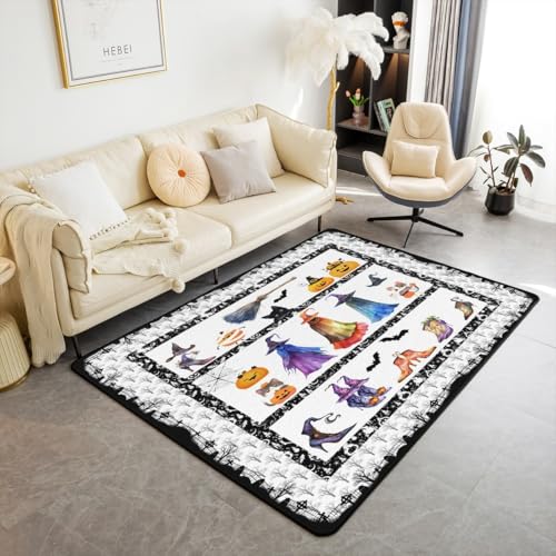 Happy Halloween Area Rug 3'x5',Witch Pumpkin Lantern Decor Non Shedding Rug for Kids Teen Adults,Gothic Style Cartoon Decorative Carpet for Playroom Bedroom Dining Room