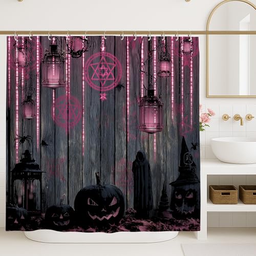 Halloween Shower Curtain, Spooky Peach Lanterns Dark Wood Bathroom Decor, Fall Autumn Gothic Style Waterproof Fabric Shower Curtain with Hooks 72x84 Inch