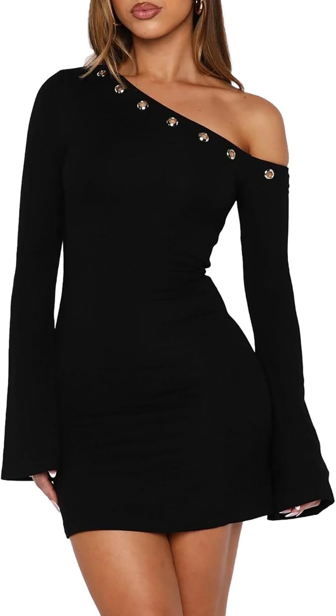 OOQONQ Women's Fall Off The Shoulder Long Flared Sleeve Mini Dress Neckline with Silver Eyelet Bodycon Party Club Dresses