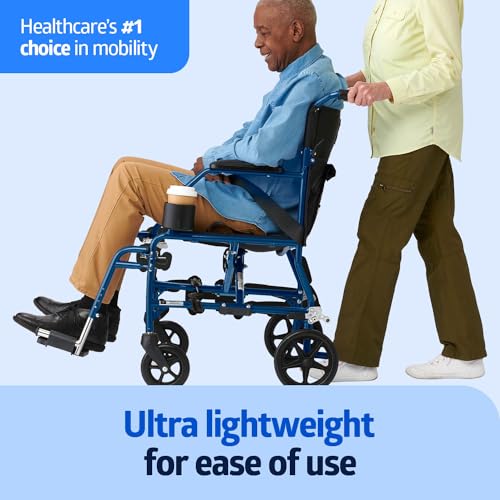 Medline Ultra Lightweight Transport Wheelchair for Adults, Foldable, 19-Inch Seat Width, Blue Frame, Black Upholstery
