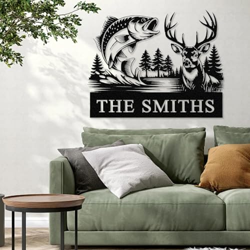 Personalized Deer Hunting & Fishing Metal Sign, Custom Hunter & Fisherman Wall Art Decor - Cabin Wall Decor, Hunter Family...