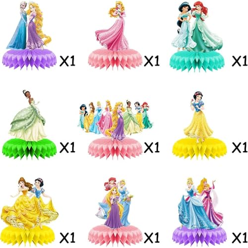 For Disne Princess Birthday Party Supplies, 9Pcs Honeycomb Centerpieces for Princess Party Decorations, Double Sided Table...