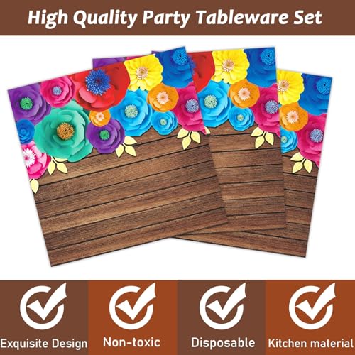 96Pcs Fiesta Party Plates and Napkins for Mexican Party Supplies Wooden Floral Themed Paper Dessert Plates Festival Tablew...