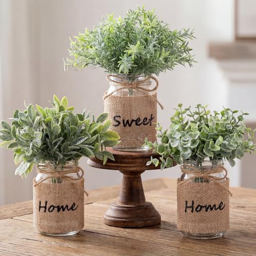 Suncalla 3 Pcs Spring Mason Jar Table Centerpiece Decor Small Fake Plants Farmhouse Rustic Burlap Vases Artificial Eucalyp...