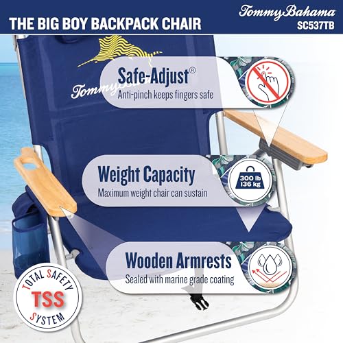 Tommy Bahama Big Boy 4-Position Folding 13" High Seat Backpack Beach or Camping Chair, Navy