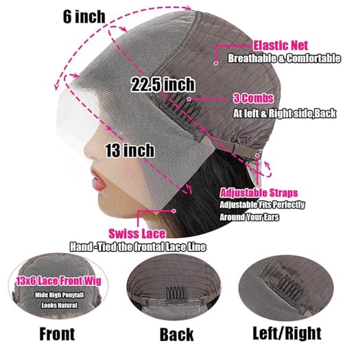 13x6 Lace Front Wigs Human Hair Pre Plucked 22Inch Straight Lace Front Wigs Human Hair 180% Density Wigs For Black Women Wigs with Baby Hair Natural Black