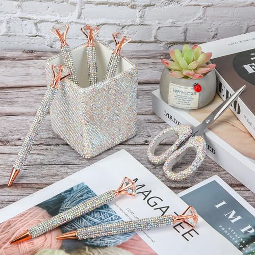 Qilery 8 Pcs Bling Desk Accessories Gift with 1 Bling Pen Holder 6 Pcs Crystal Rhinestone Pens 1 Crystal Scissors Glitter ...