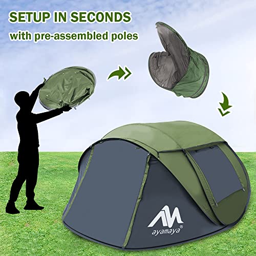 4 Person Pop Up Tents for Camping - AYAMAYA Waterproof Instant Family Tents with Skylight & Removable Rainfly, Upgraded La...