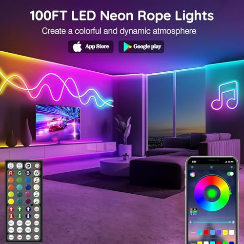 100Ft Neon Rope Lights,Flexible Led Rope Lights Control with App/Remote,Multiple Modes Rope Lights,IP65 Outdoor RGB Led Ne...