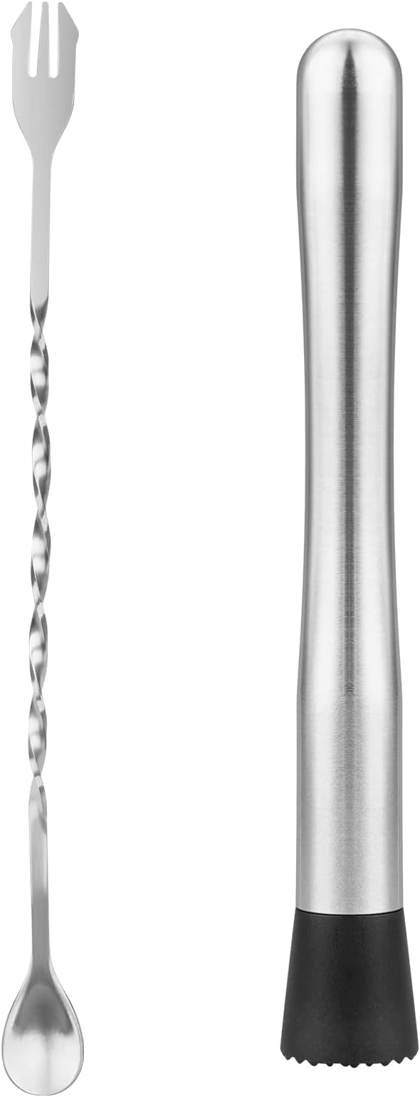 tifanso Muddler for Cocktails, 10" Muddler and Long Handle Bar Cocktail Mixing Spoon, Stainless Steel Stirrer, Bar Accesso...
