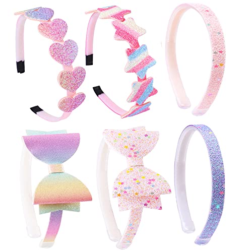 Lizioo 6 Pack Girls Headbands Glitter Kids Hair Accessories Bow/Heart/Star Shaped Sweet Hairband For Toddler/Girls/Teens