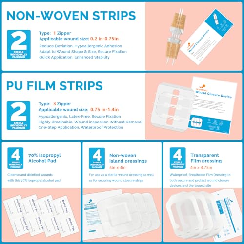 Emergency Wound Closure Strips 16Pcs Zipstitch Laceration Closure Kit, 2 Types Easy to Use Stitchless Butterfly Bandages f...