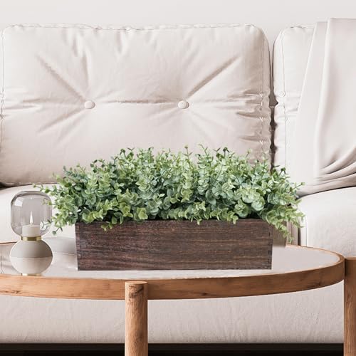 Winlyn 14" Artificial Eucalyptus in Rectangular Wood Planter Box Faux Plants Arrangement Centerpiece Wooden Potted Eucalyp...