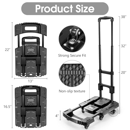 Voipvvii Folding Hand Truck 500lbs, Portable Heavy Duty Dolly Cart, 6 Wheels Collapsible Luggage Cart with 2 Elastic Ropes...