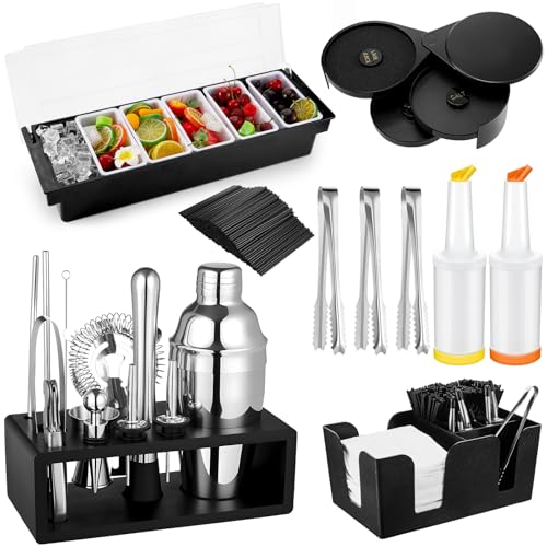 Mifoci 23 Pcs Bartender Supplies Kit Garnish Tray for Bartenders with Bar Caddy 3 Tier Salt Rimmer 13 Pcs Cocktail Shaker ...