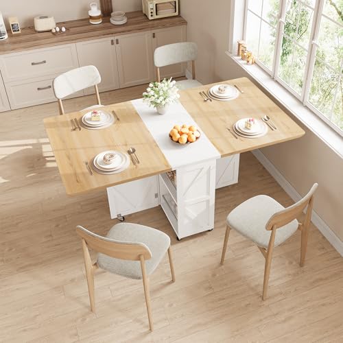 Space Saving Folding Dining Table for 2-4, Farmhouse Foldable Dining Table with Drawer and Storage Shelf, 6 Wheels Drop Le...