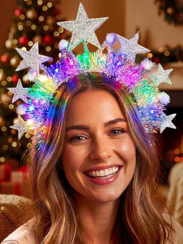 Yokawe Light Up LED Star Headband Silver Crown with Iridescent Tinsel,White Pom Pom, New Year, Christmas Party Costume Acc...