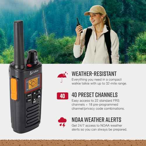 Cobra RX380 Walkie Talkies (2-Pack) ? Weather Resistant Two Way Radios Long Range, 40 Pre-Programmed Channels, Weather Alerts, LED Flashlight, Long-Life NiMH Batteries (Black)
