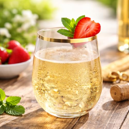 Oojami 36 piece Disposable Stemless Unbreakable Crystal Clear Plastic Wine Glasses Set of 36 (12 Ounce, Gold Rim)