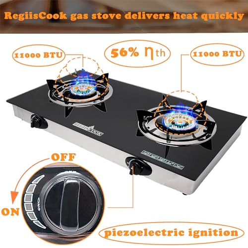RegiisCook 2 Burner Propane Gas Cooktop,Camping Portable LPG Gas Stove, Auto Ignition Tempered Glass Countertop with regul...