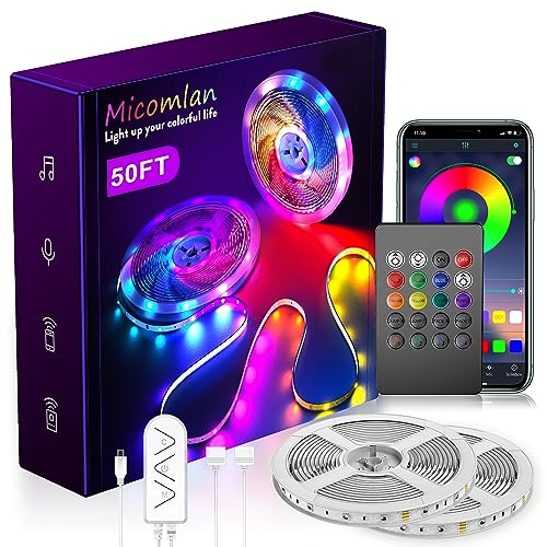 Micomlan 50ft/15M Led Strip Lights, Music Sync Color Changing RGB LED Strip Lights Built-in Mic, Bluetooth app Controlled ...