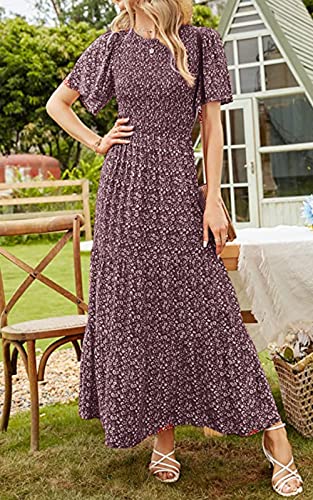 PRETTYGARDEN Women's 2026 Spring Casual Flutter Short Sleeve Boho Floral Maxi Dress Crew Neck Smocked Tiered Long Dresses