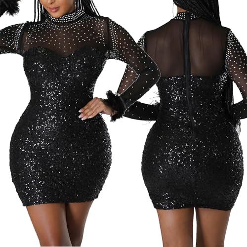 PORRCEY Women's Hot Drilling Craft Sexy Long Sleeve Mesh See Through Party Club Night Rhinestone Dress