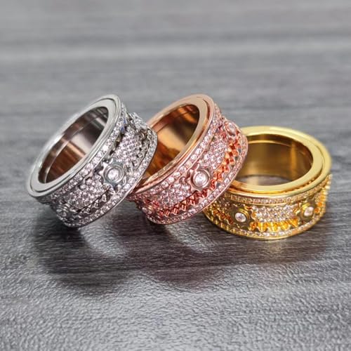 Interactive Outer Ring Drives Gears Rotatable EDC Ring Iced Out Alloy Jewelry, Sparkling Mechanical Fidget Band