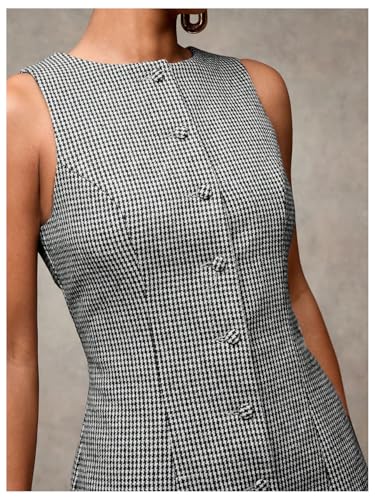 SOLY HUX Women's Plaid Button Down Dress Crew Neck Sleeveless Tie Back Work Office Mini Dresses
