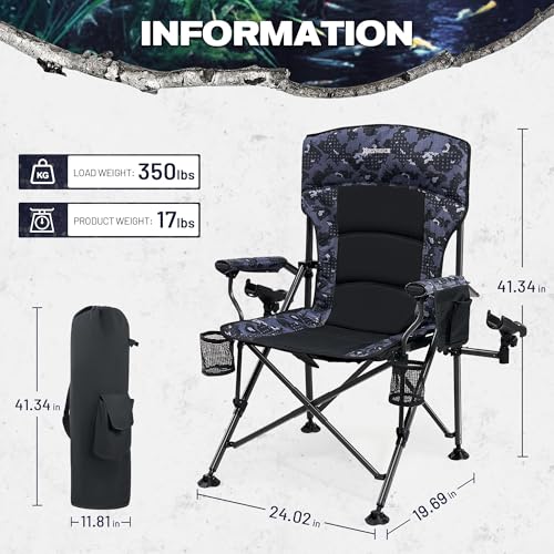 X Strike Oversized Folding Fishing Chair with Rod Holder Heavy Duty 350LBS, Feet Adjustable Padded Camping Chair with Cup ...