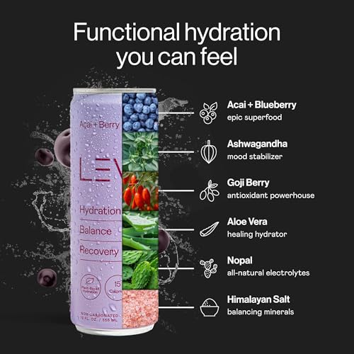 LEVL Functional Hydration Drink - Acaí + Berry (Non-Carbonated) Pure Water, Real Fruit, Adaptogens, Electrolytes | All-Nat...