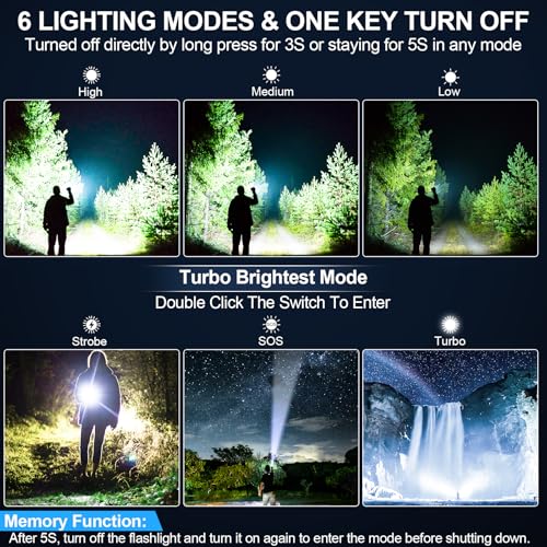 Rechargeable Flashlights High Lumens, Super Bright LED Small Powerful Tactical Flashlight with Memory Function, 6Modes Poc...