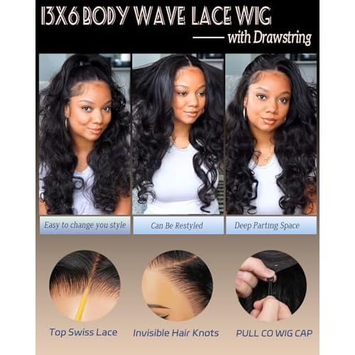 Sherico 13x6 Body Wave Lace Front Wigs Human Hair 180 Density HD Transparent Lace Frontal Wigs Human Hair Elastic Drawstring Glueless Wigs Human Hair Wig for Black Women(Black,22 Inch,body)