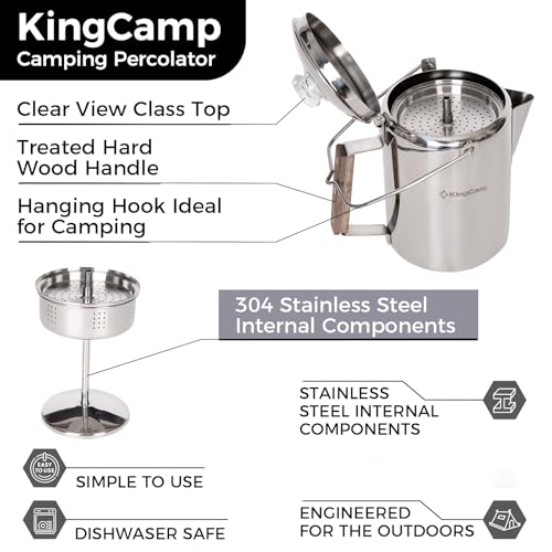 KingCamp Percolator Coffee Pot Campfire Coffee Boiler Kettle 304 Stainless Steel with Camping Stove, 3 Burners Propane Por...