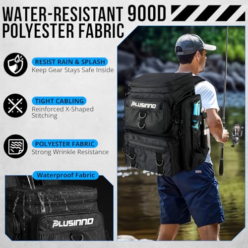PLUSINNO Fishing Backpack with Rod Holders Tackle Box, 42L Large Water-resistant Fishing Tackle Bag Store Fishing Gear
