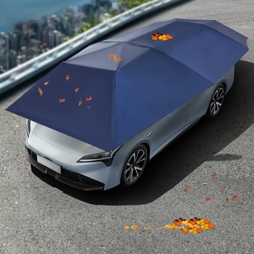 15.09x7.55ft Car Canopy Umbrella, Car Sun Shade Umbrella Cover Tent with Wind-Proof Ropes, Semi Automatic Portable Roof Te...