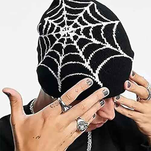 Pooyikoi Y2K Gothic Spider Pattern Wool Acrylic Knitted Hat Women Beanie Winter Warm Beanies Men Casual Skullies Outdoor Black