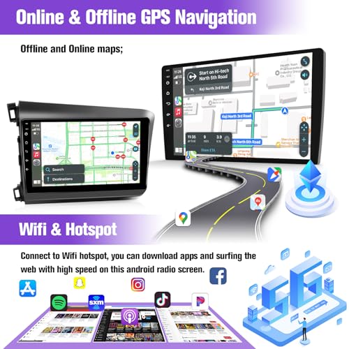 Car Stereo Radio for Honda Civic 2012 2013 2014 2015, Wireless Carplay Android Auto, 9 inch IPS Screen for Civic, GPS Navi...