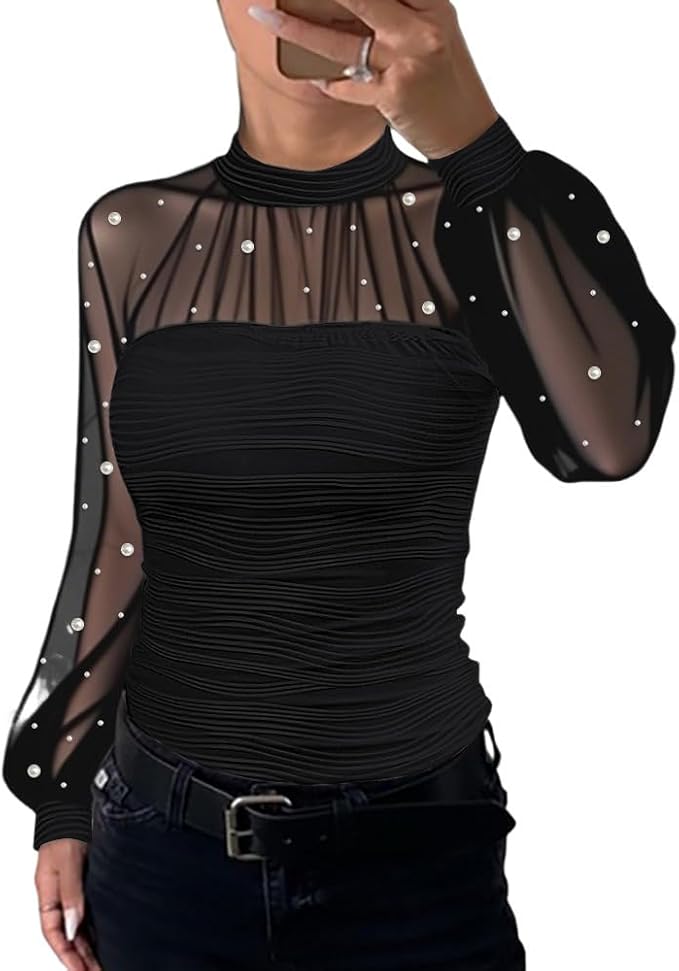 Ninimour Women‘s Pearls Decor Long Sleeve Blouse Mesh Spliced Textured Shirt Going Out Top