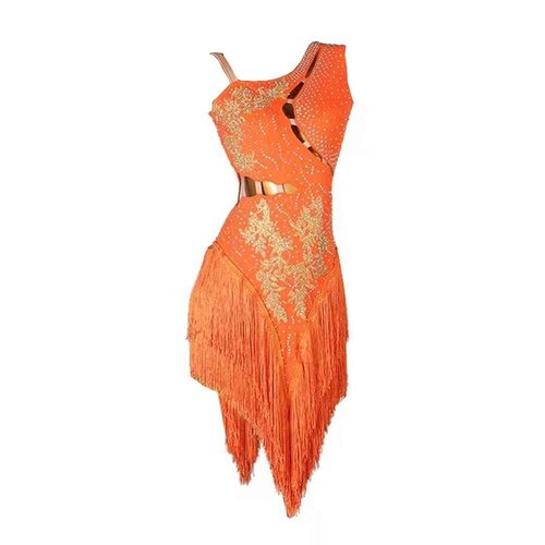 LIUHUO Latin Dance Dress Hollow Suspender Tassel Hem Show, Party, Competition Performance Orange
