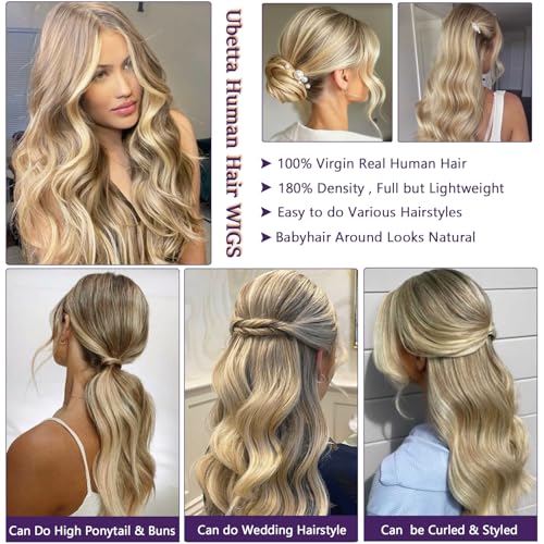 Ubetta Highlight Ash Blonde Wig Human Hair, 13x4 HD Balayage Glueless Wigs Human Hair Ash Brown to Ash Blonde Highlights Pre Plucked 18 Inch 180% Density Lace Frontal Human Hair Wigs for White Women
