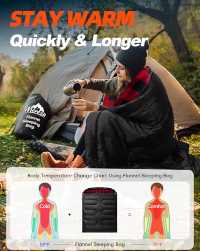 MEREZA Flannel Double Sleeping Bag for Adults Cold Weather, XL Queen Size Sleeping Bag for All Season 2 Person Big and Tal...