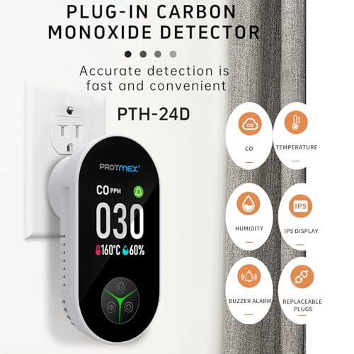 Protmex Carbon Monoxide Detector Plug in Wall, 3-in-1 Co Detector Monitor Air Quality with Temperature Humidity Sensor, Portable CO Meter Easy to Read & Install, for Home/Hotel/RV
