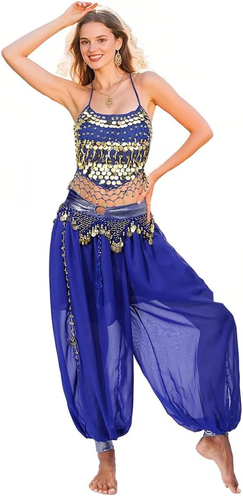 Nabolan Women‘s 2 Pcs Belly Dance Costume Set Belly Dance Banadge Top with Tribal Harem Lantern Coin Pants for Rave Party
