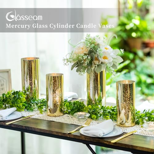 Glasseam Gold Cylinder Vases for Centerpieces: 6 Modern Mercury Hurricane Glass Vase Set for Flowers - Decorative Golden P...