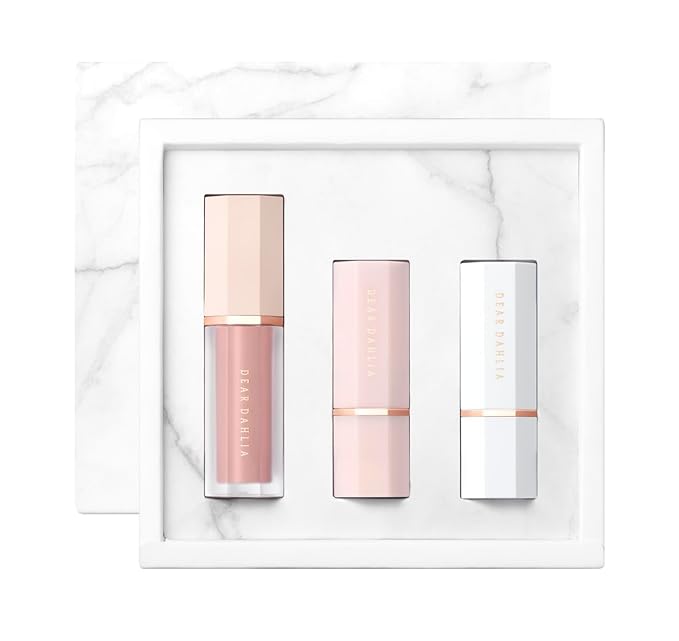DEAR DAHLIA Vegan Makeup Mini Trial Kit | Petal Drop Liquid Blush Mini & Paradise Sensual Lip & Paradise Sheer Dew Lipstick - Weightless Buildable Blush | Natural Glow Lipsticks.