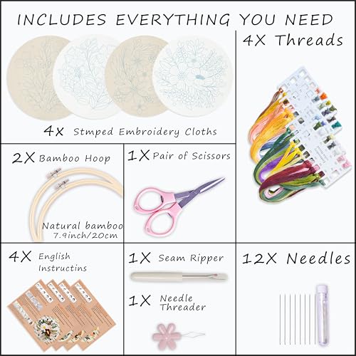 Bonroy 4 Sets Embroidery Set for Beginners Art Crafts Easy Sewing Includes Embroidery Clothes with Pattern, Hoop, Instruct...