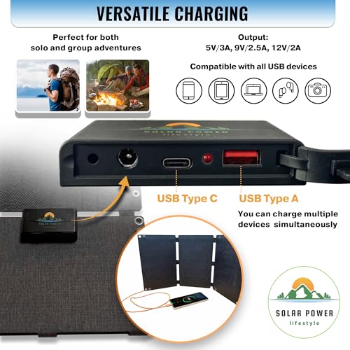 Solar Power Lifestyle Portable Solar Panel Kit -25 Watt- IP67 Waterproof, Solar Panels w/Portable Charger USB C & USB-A Po...