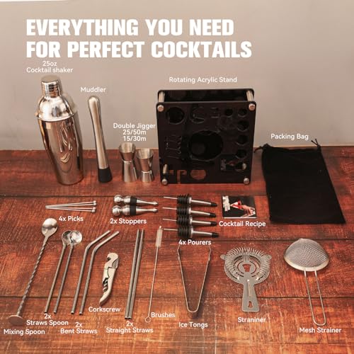 KINGROW Cocktail Shaker Set 29-Piece Bartender Kit with Rotating Stand | Bar Set Drink Mixer Set with All Essential Access...